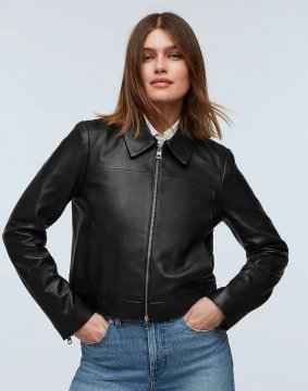 Women's Shrunken Zip-Front Jacket in Leather-True Black