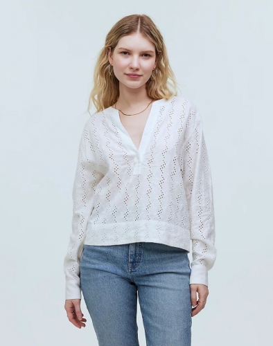 Women's Long-Sleeve Popover Top in Eyelet-Soft White