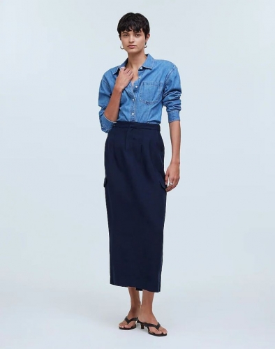 Women's Pleated High-Waist Cargo Midi Skirt-Deep Indigo