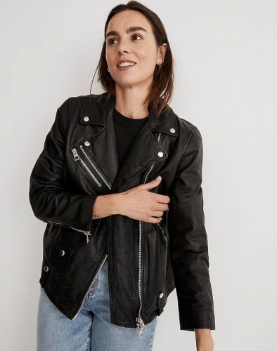 Women's Washed Leather Oversized Motorcycle Jacket-True Black