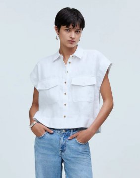 Women's Flap-Pocket Button-Up Shirt in 100% Linen-Eyelet White